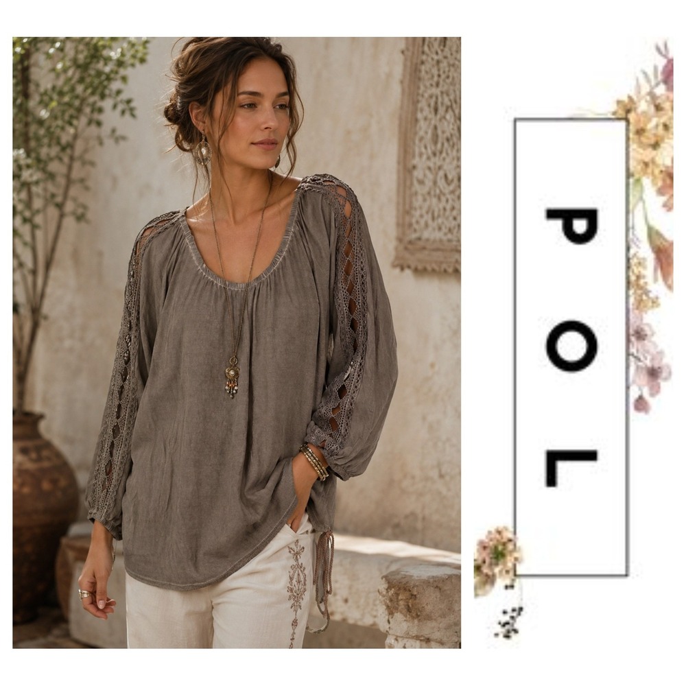POL Brown/Taupe Crochet Oversized Long Sleeve Drawstring Hem Boho Top Size M